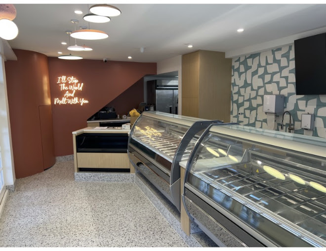 Chantilly's terrazzo dining room and neon sign